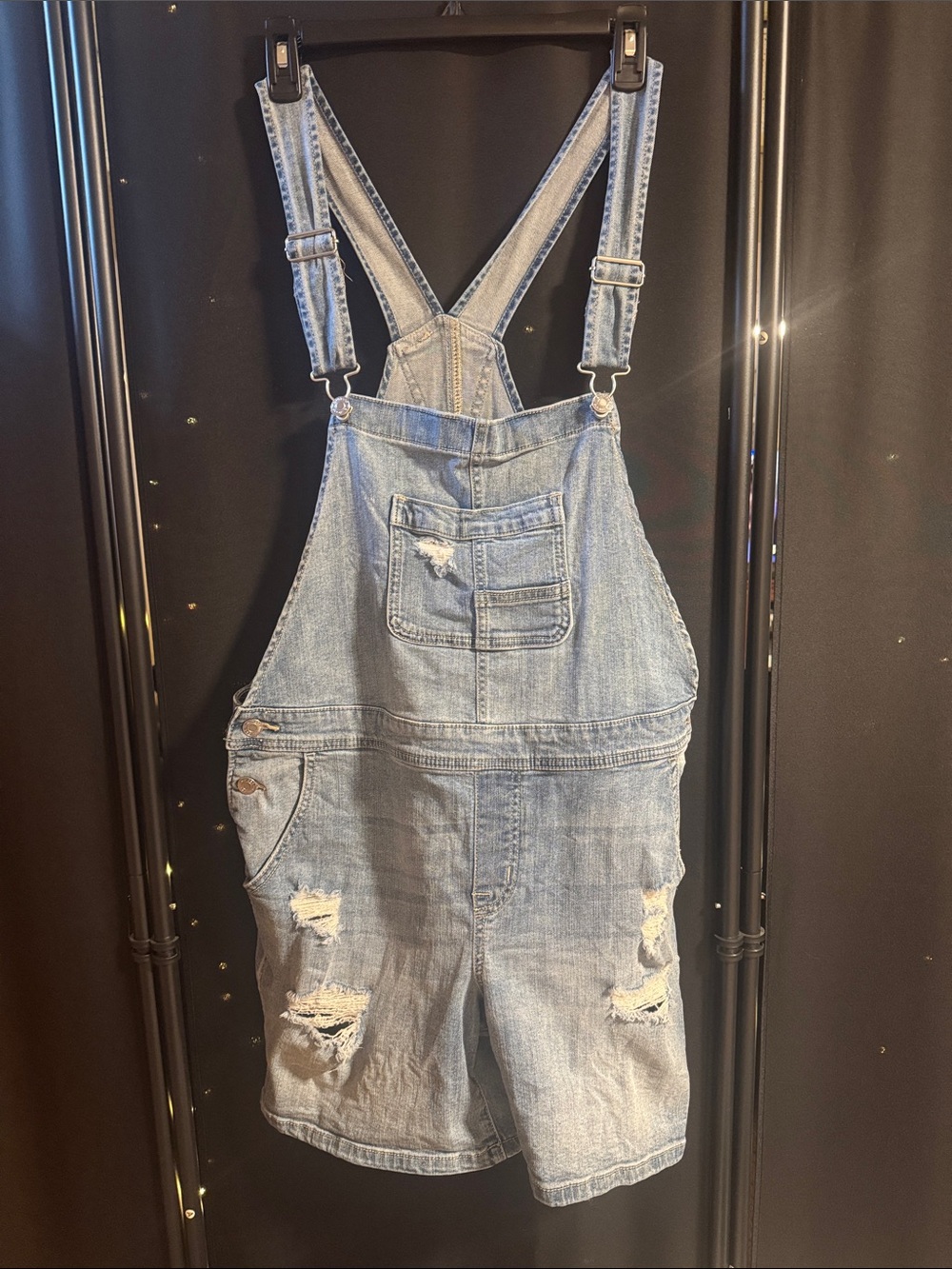 Maurices Light Blue Distressed Denim Short Overalls